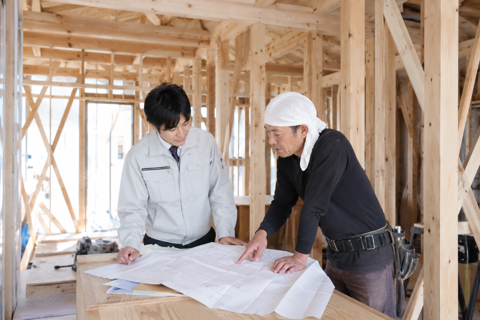 建設現場でスタッフと大工が図面を確認している様子