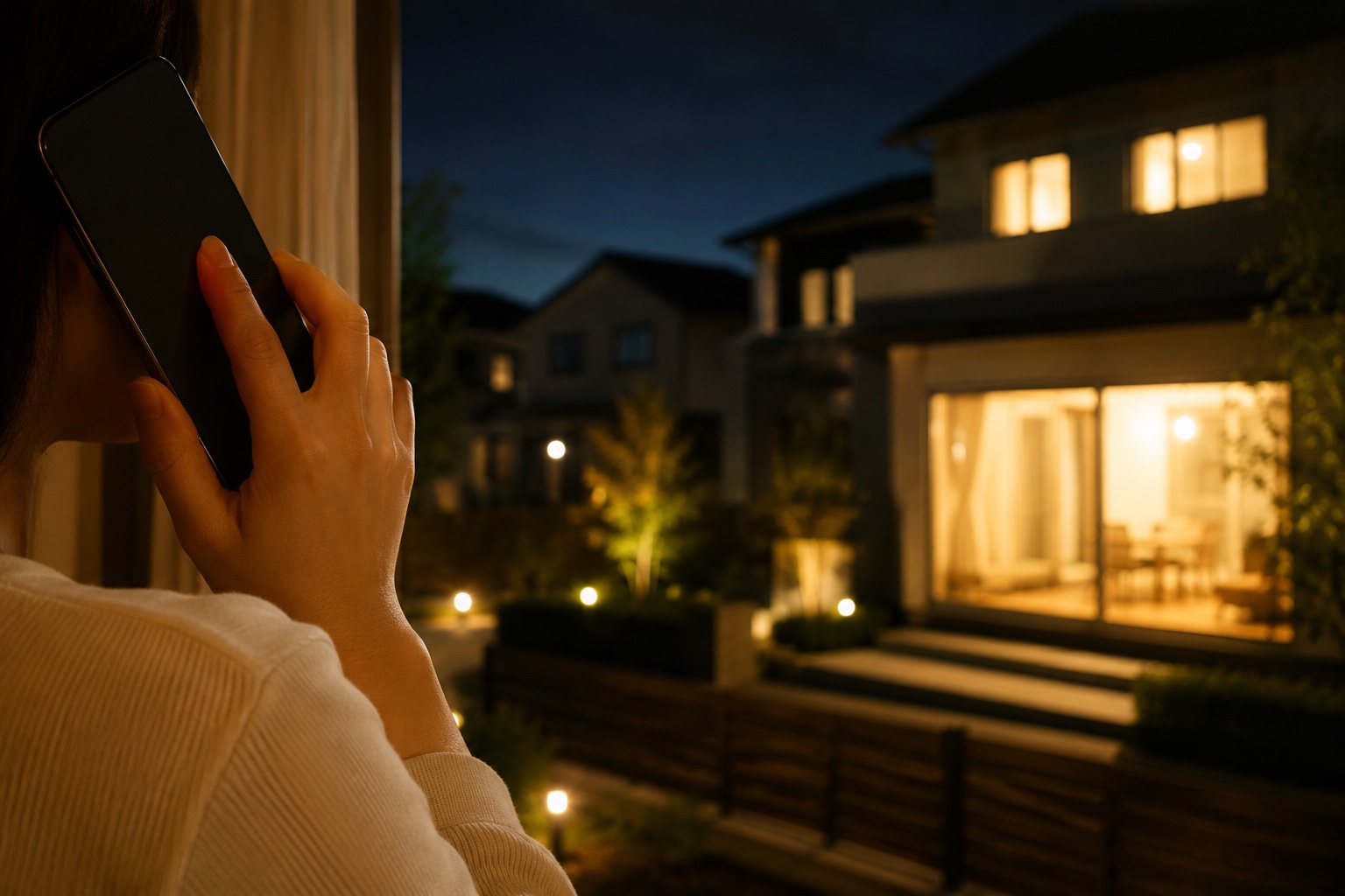 夜間に住宅会社のコールセンターへ電話をしている手元