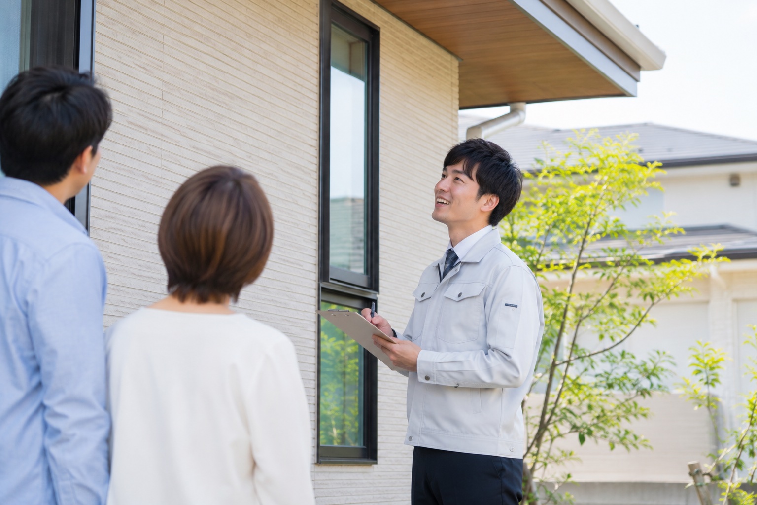 スタッフが施主宅を訪問し外観を点検している様子